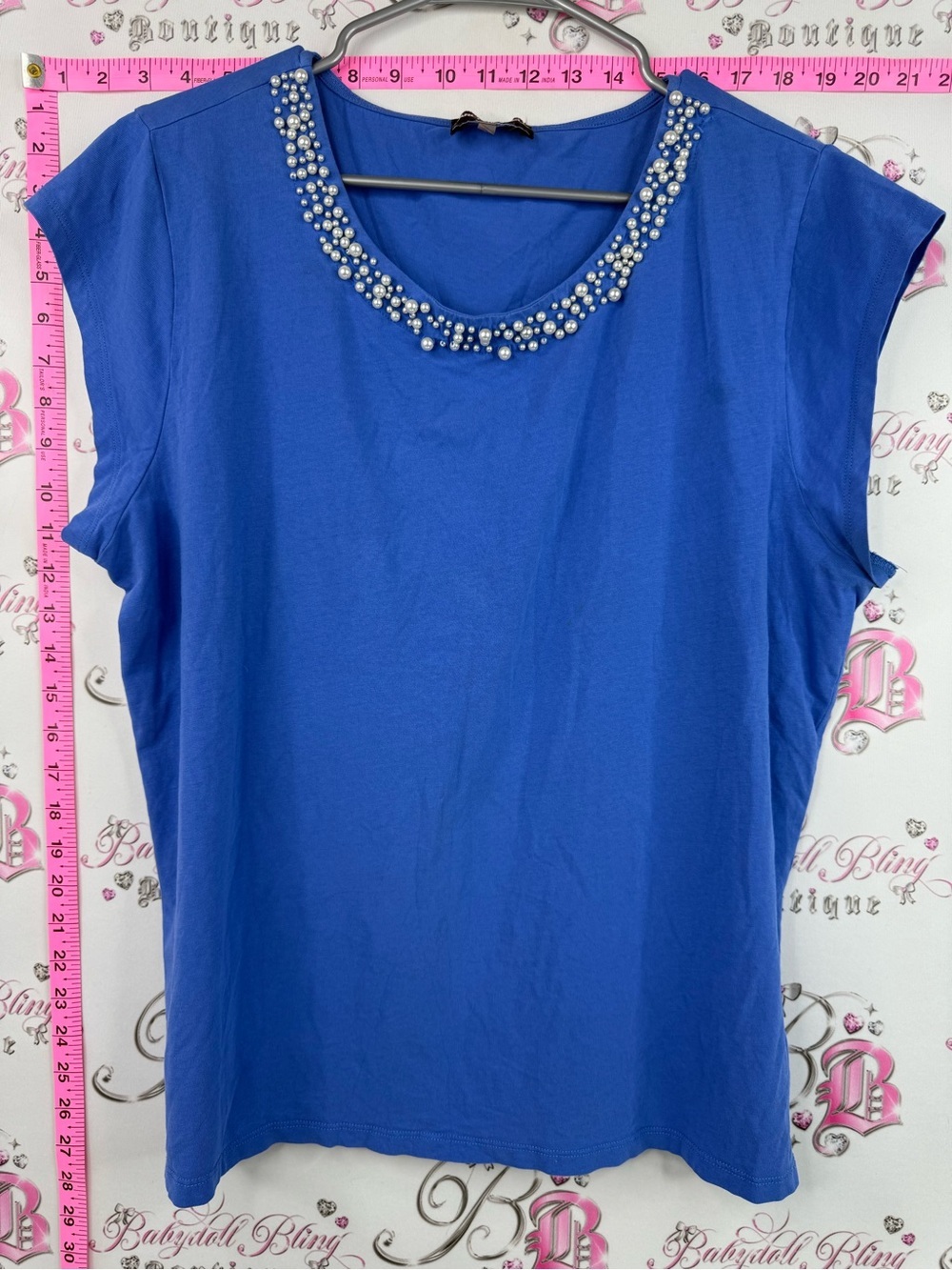 Karl Lagerfeld pearl shirt Cobalt Blue Embellished Crewneck Sleeveless Top